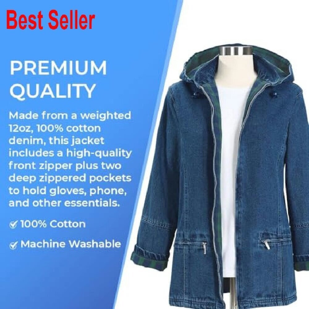 Denim Jacket Flannel Lined Detachable Hood Classic Oversized Chic Fall Outerwear - Picture 5 of 8